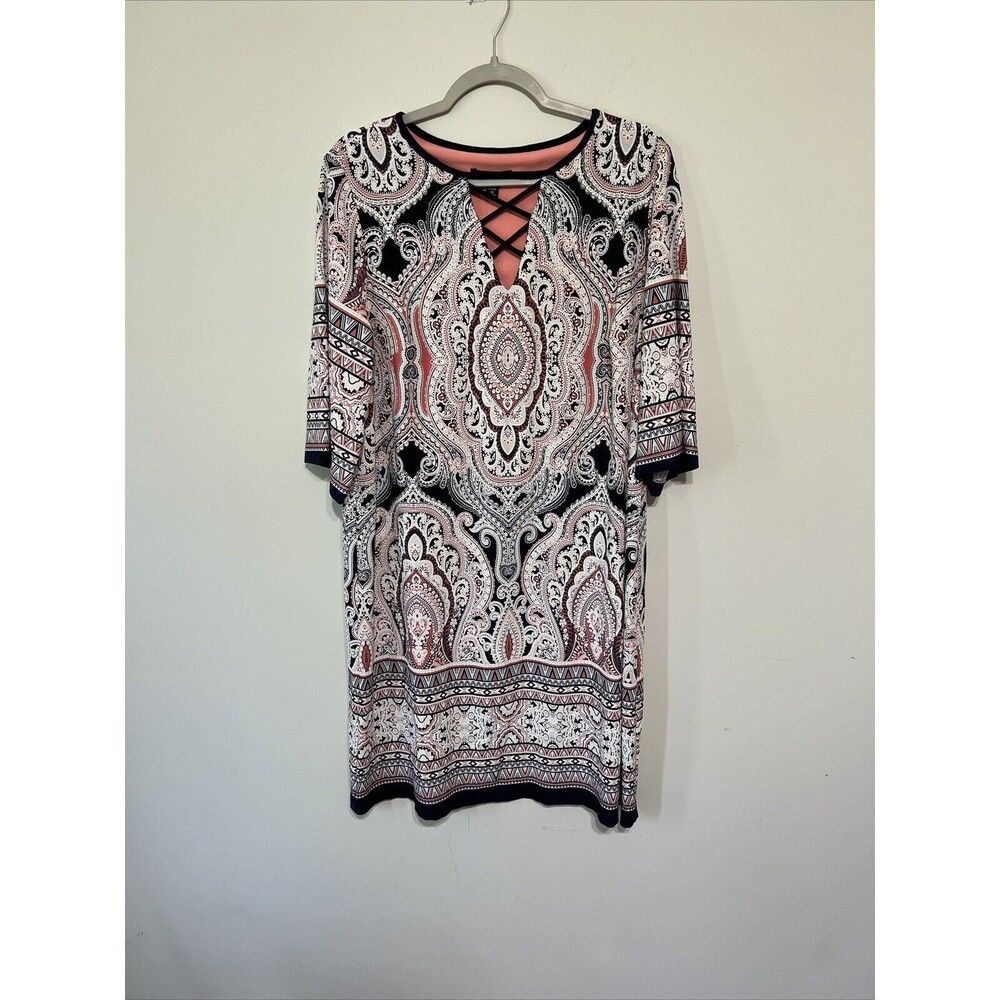 Roz & Ali Casual Pink White Dress 3/4 Flare Sleeves Sz 14 Multi-Color Geometric